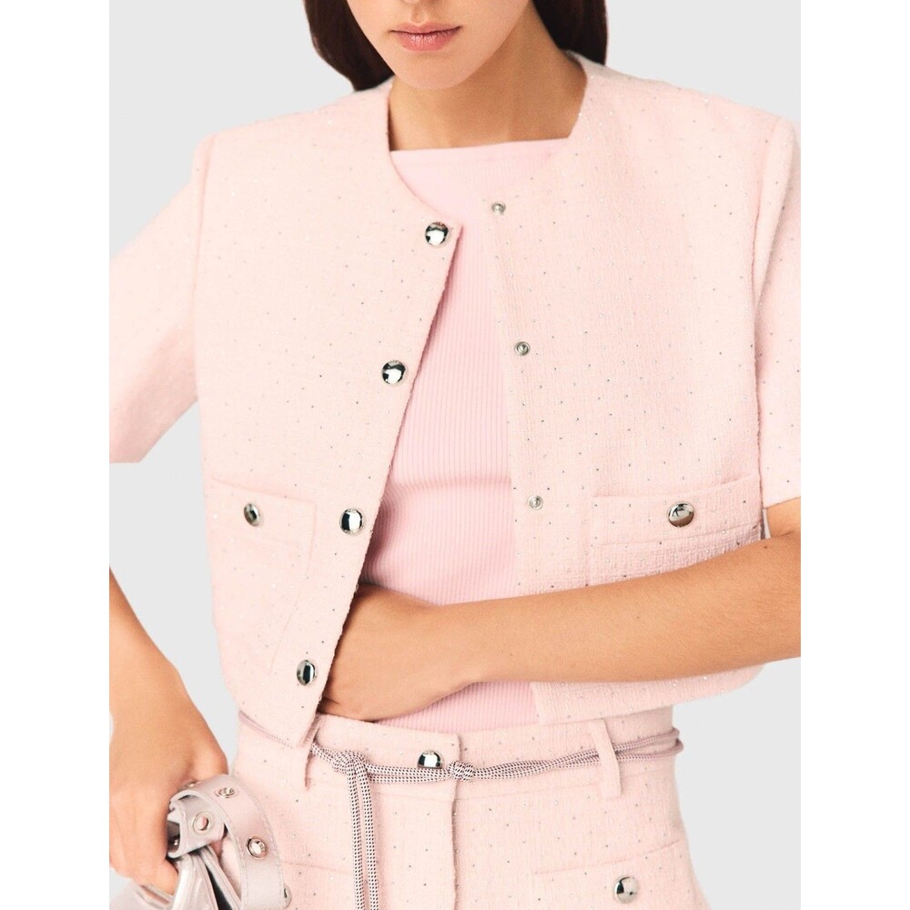 Maje Pink Rhinestone Tweed Jacket Short Sleeve Crop Blazer Shacket Size 36 (S)